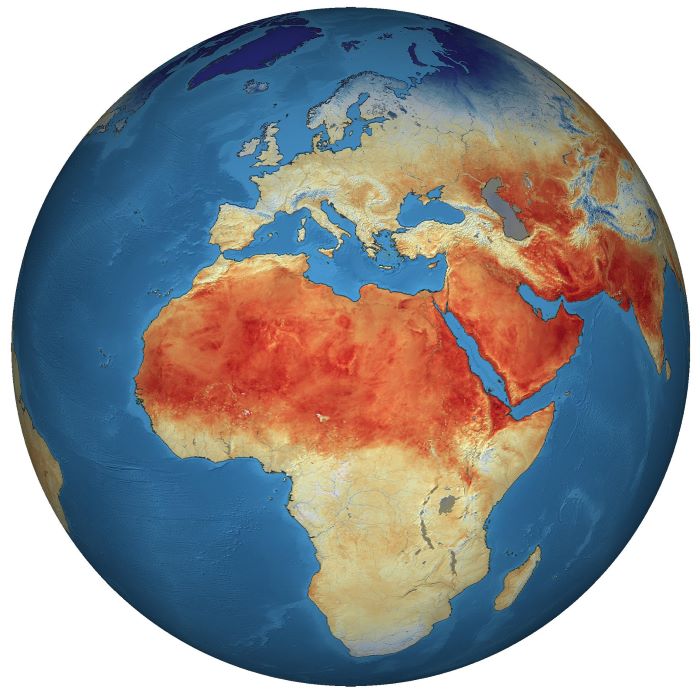 Globale Oberflächentemperaturen der Landmassen. Credit: ESA/enthält modifizierte Copernicus Sentinel Daten (2018), prozessiert von ESA