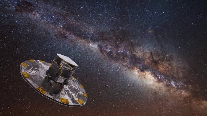 Die Gaia-Sonde im Weltall, Credit: ESA/ATG medialab Hintergrund: ESO/S. Brunier