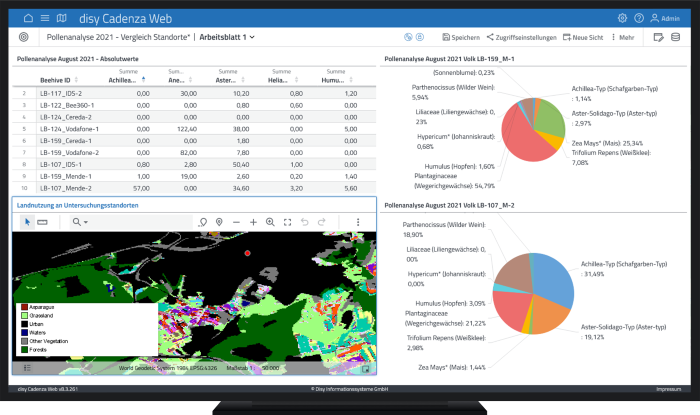 Bildrechte: Disy Informationssysteme GmbH. Landnutzungsdaten: Helmholtz-Zentrum für Umweltforschung (UFZ) Bienendaten: apic.ai GmbH