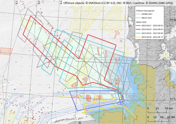 Fahrtplanung der Schweremessungen in der Nordsee. Rot und gelb schraffierte Gebiete sind bestehende und geplante Windparks, kleine rote Diamanten Offshore-Plattformen.