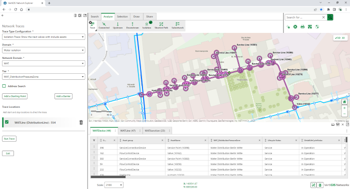 Network Explorer Netzverfolgung. Bild VertiGIS