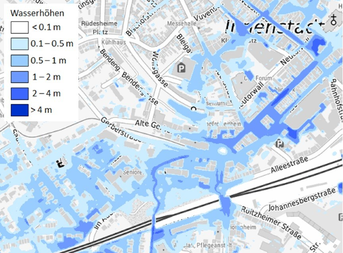 Simulationsergebnis (Überflutungstiefen) für ein Starkregen-Ereignis in Nordrhein-Westfalen. Bild BKG