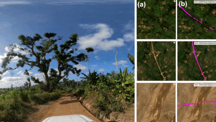 Bild rechts: © sig_3co, Panoramax; Die Abbildung links veranschaulicht den Arbeitsablauf und die Herausforderungen bei der Extraktion von Straßenattributen aus 3-4 m PlanetScope-Bildern.